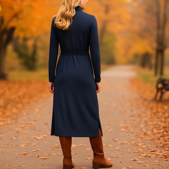 Garnet Hill Turtleneck Preppy Fall Work Casual Knit Midi Dress Navy Blue Medium - Picture 3 of 12